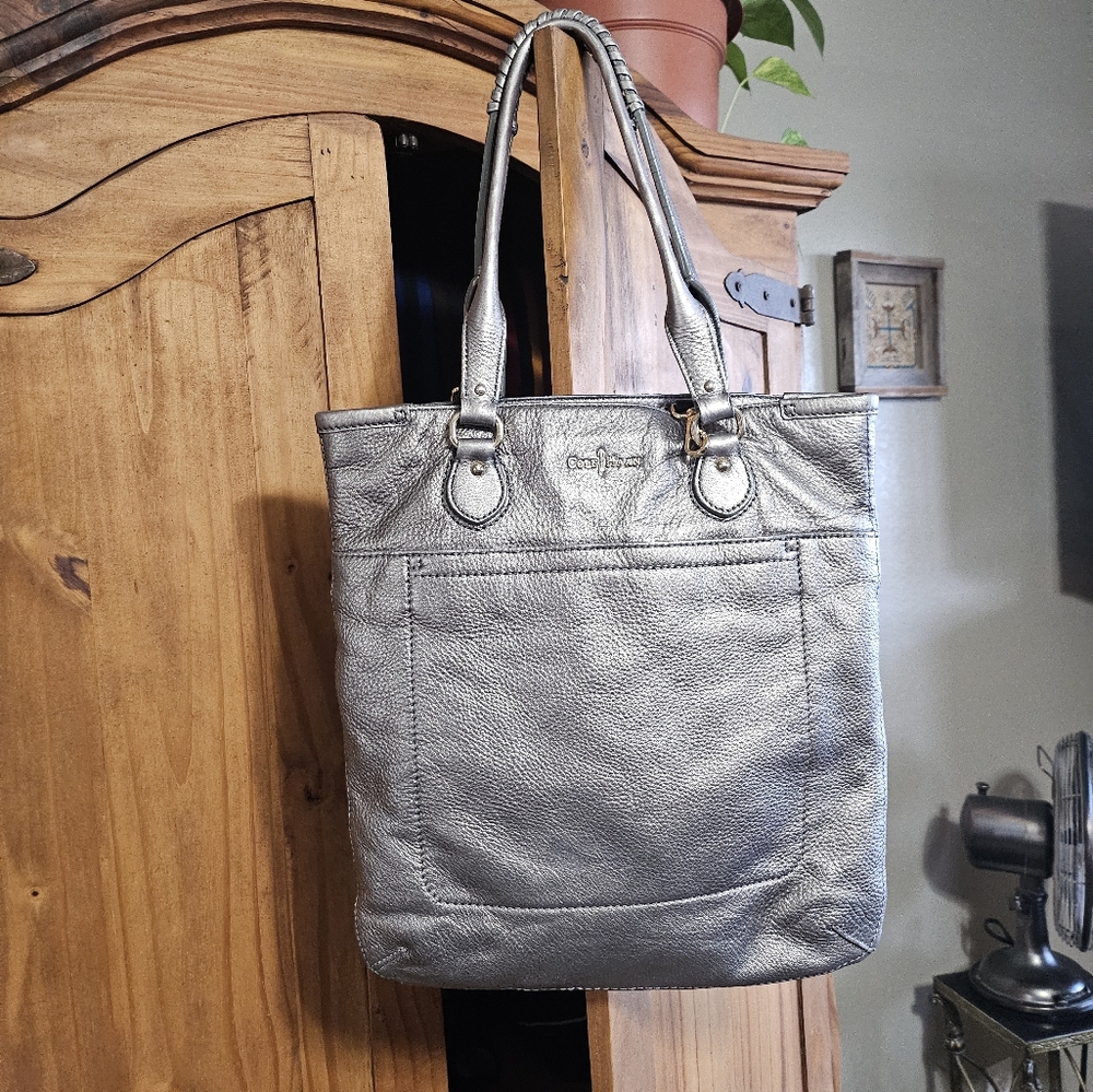 Cole Haan Metallic Grey Shoulder Bag Genuine Leather Braided straps Gunsmoke GUC